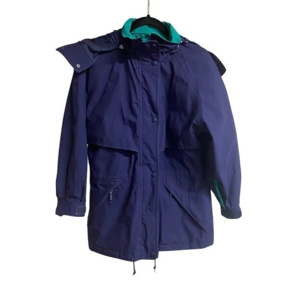 Eddie Bauer Womens Petite Small Gore-Tek Navy Teal Jacket Hooded Outdoor Y2K‎